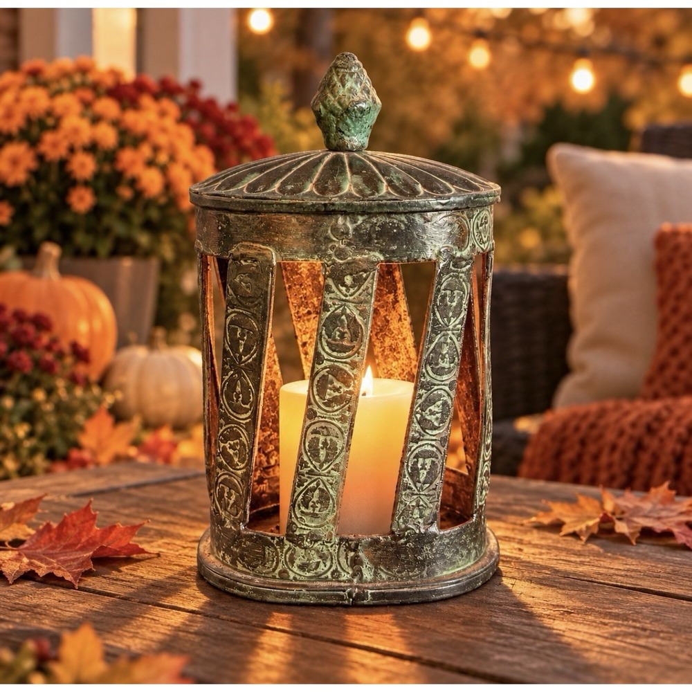 Vintage Cast Metal Lantern Candle Holder Verdigris Patina Rustic Gothic 8.5"
